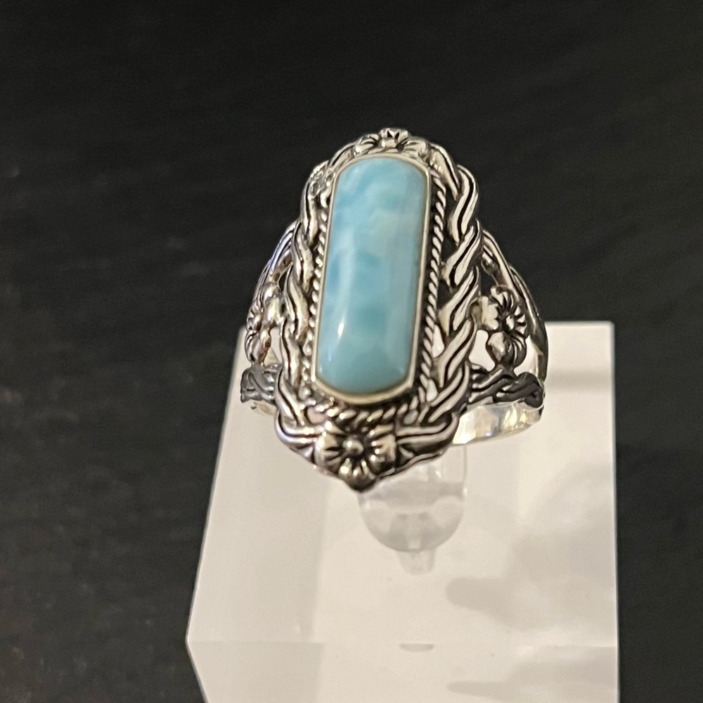 Blue Larimar Cabochon Floral Filigree Sterling Silver Ring Size 11.75